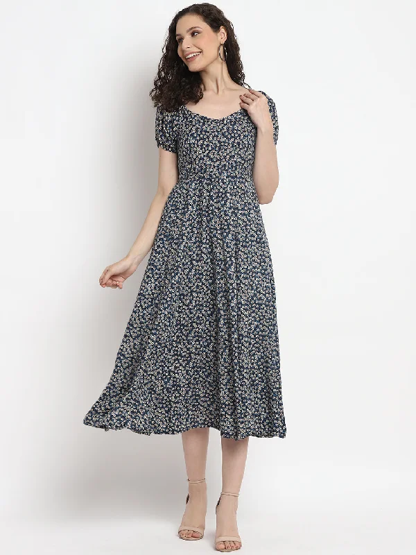 simple midi dresses for spring -Porsorte Womens Ditsy Print Blue Puff Sleeve Midi Dress