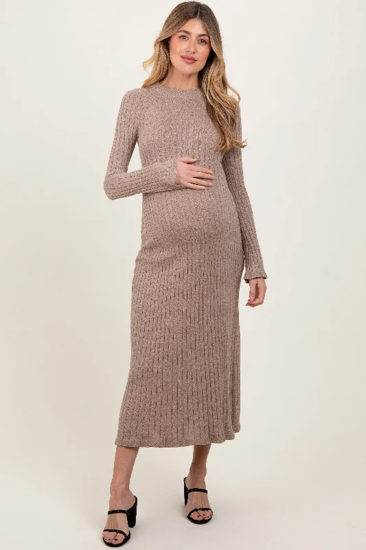 formal midi dresses for spring -Light Mocha Ribbed Knit Maternity Midi Sweater Dress