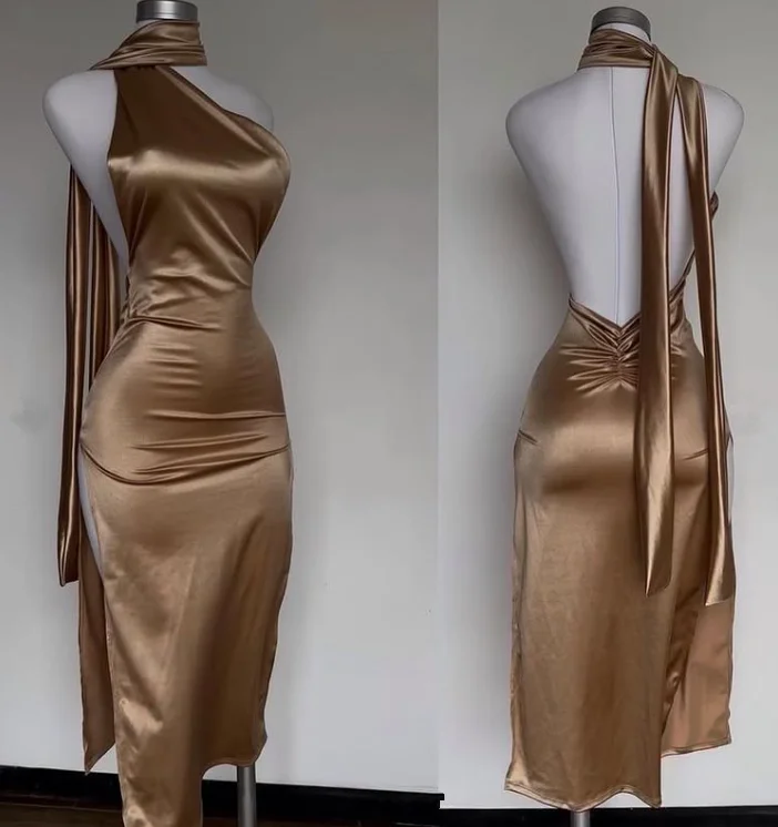 chic midi dresses for spring -Charming Gold Halter Sheath Satin Midi Length Evening Party Dress DP3938