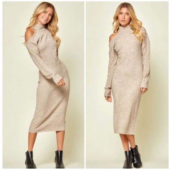 trendy midi dresses for spring -Oyster Cold Shoulder Knit Midi Sweater Stretchy Sexy Dress Womens