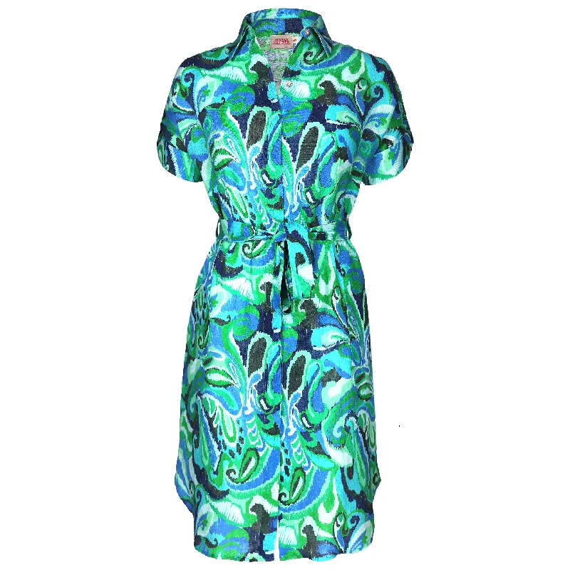 silk midi dresses for luxury -Patsy Midi Shirt Dress Blu/Green Paisley