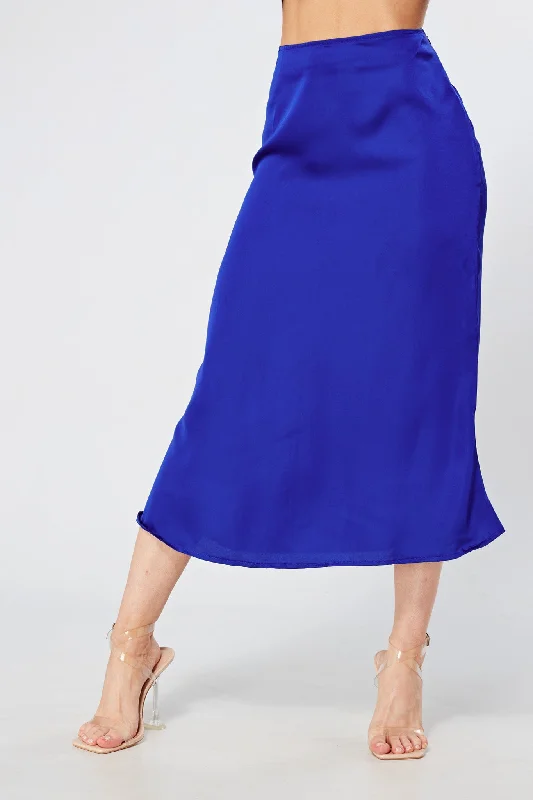 yellow midi dresses for spring -Elisa Cobalt Blue Satin Midi Skirt