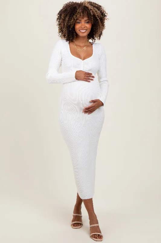 red midi dresses for spring -White Henley Ribbed Maternity Midi Sweater Dress