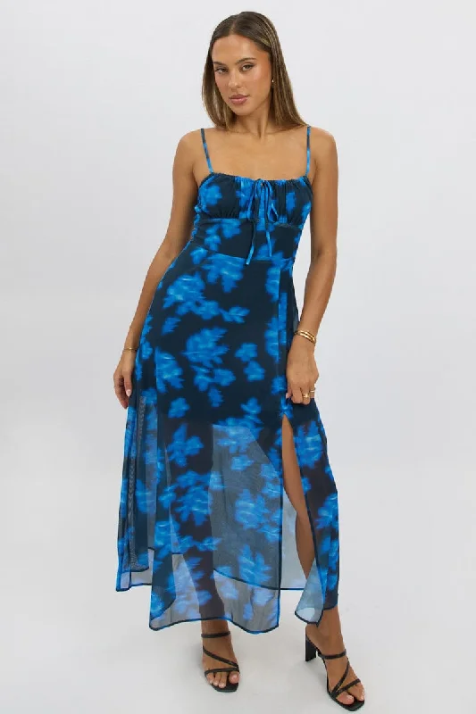 designer midi dresses for spring -Blue Abstract Midi Dress Gathered Bust