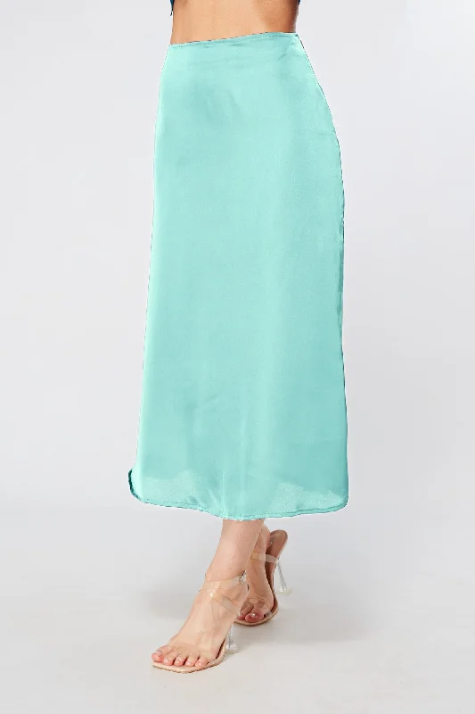 stylish midi dresses for spring -Elisa Aqua Satin Midi Skirt