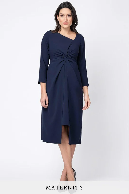 trendy midi dresses for spring -Premium Knotted Maternity Midi Dress