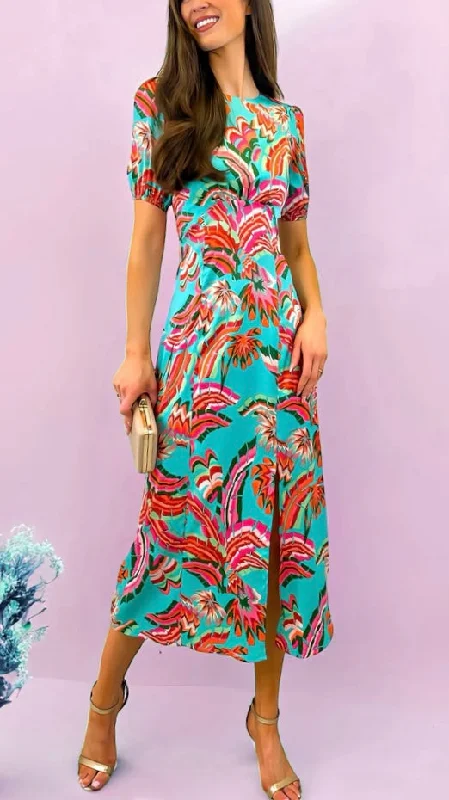 designer midi dresses for women -4-A1698 Becca Turquoise Print Midi Dress