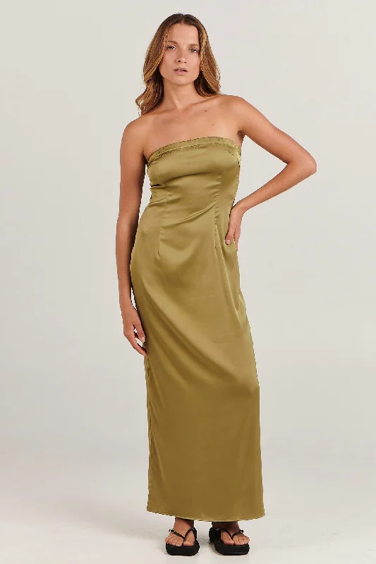 black midi dresses for summer -Sinead Khaki Strapless Midi Dress