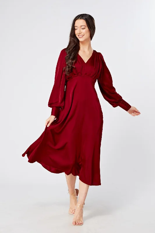 bohemian midi dresses for spring -Nora Deep Red Satin Midi Dress