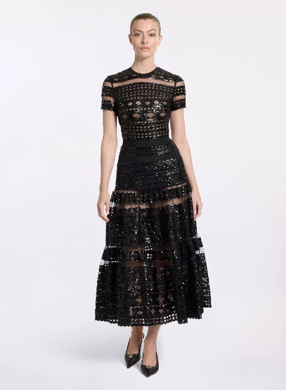 formal midi dresses for events -Tulle Embroidered Midi Dress