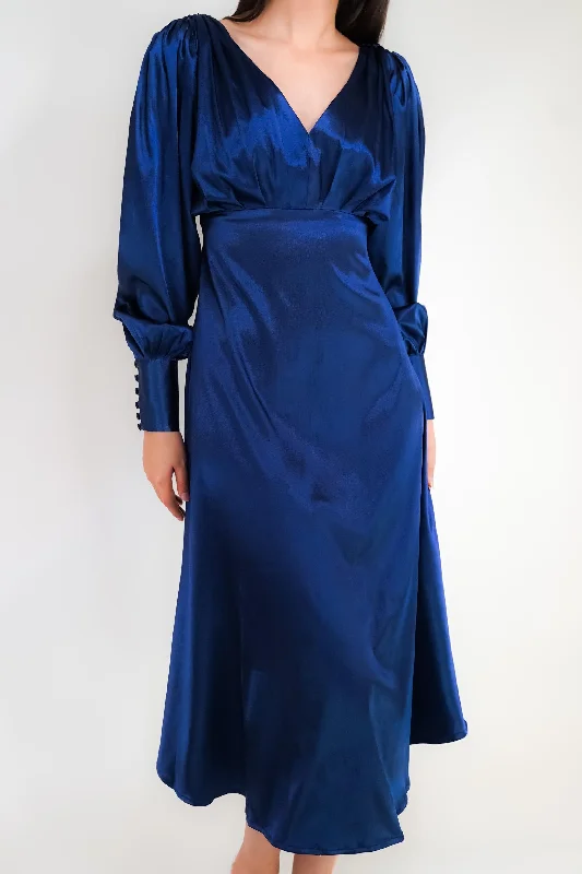 silk midi dresses for women -Celeste Dark Blue Premium Satin Midi Dress