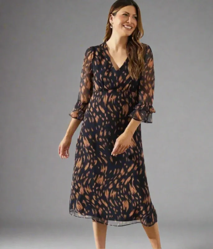 chic midi dresses for work -Navy Swirl Print Midi Dress