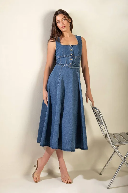 bohemian midi dresses for spring -POSH VISION DENIM MIDI DRESS