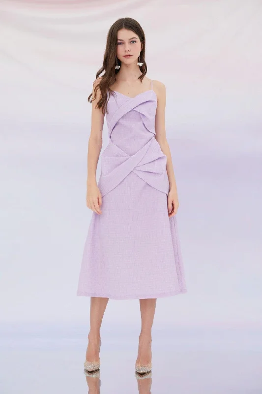 vintage midi dresses for prom -Emilia Bows Detail Straps Midi Dress in Purple