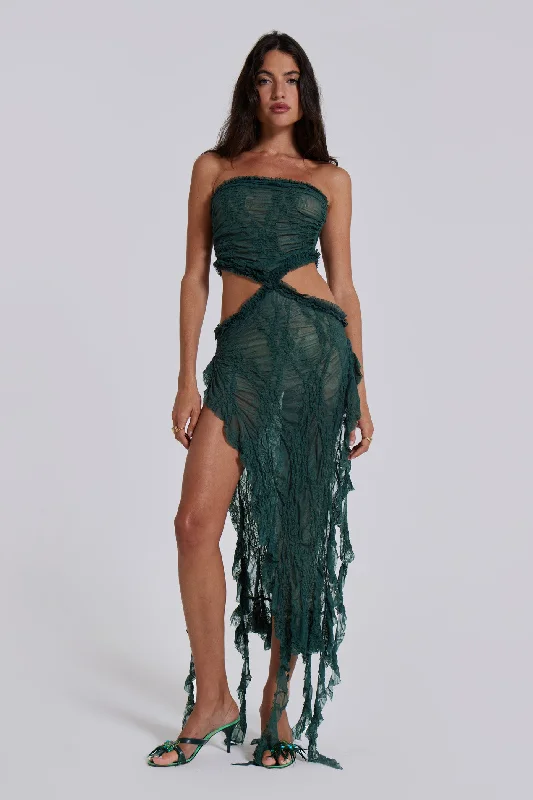 off shoulder midi dresses white -Gaia Scrunch Lace Midi Dress in Forest Green