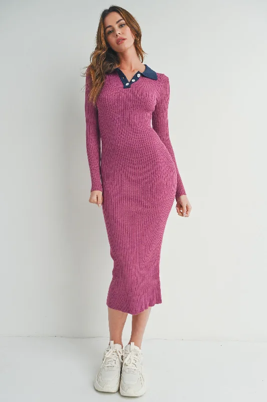 polka dot midi dresses for spring -Magenta Collared Button Front Long Sleeve Midi Sweater Dress