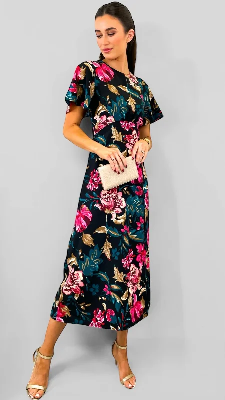 vintage midi dresses for summer -4-A1958 Britney Black/Pink Floral Midi Dress