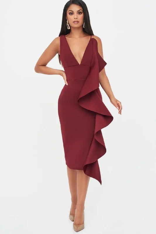 off shoulder midi dresses red -Scuba Draped Frill Midi Dress