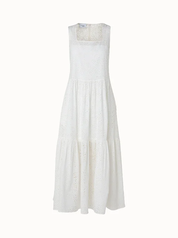 stylish midi dresses for spring -Midi Dress in Tropical Leaves Eyelet Cotton Embroidery