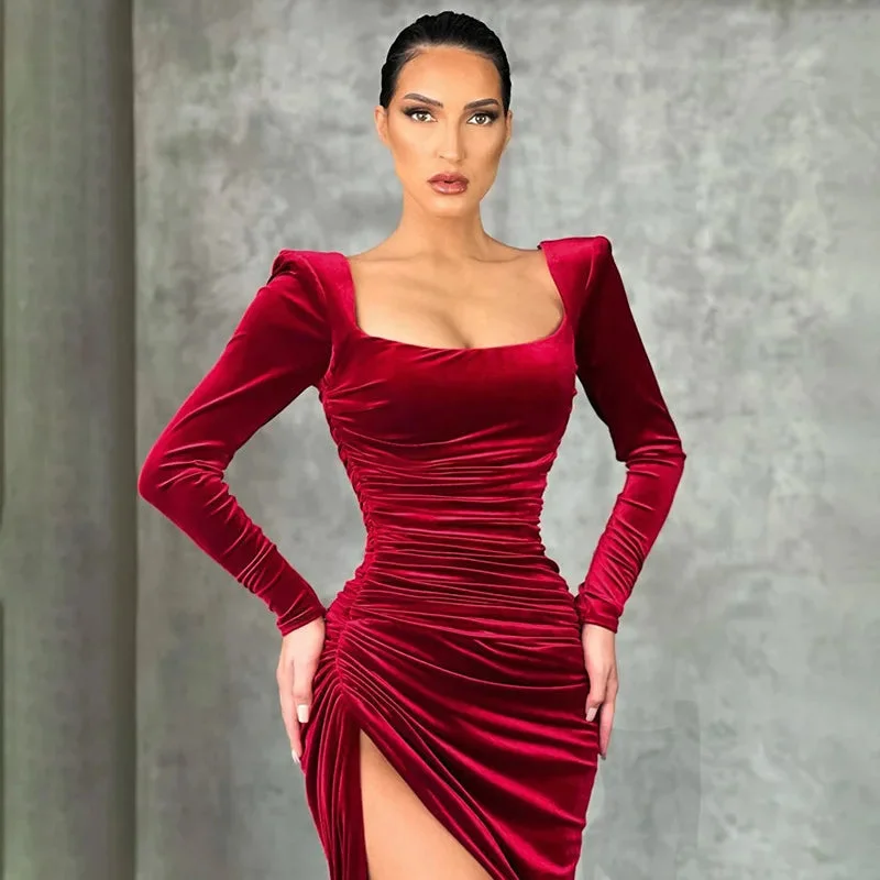 bold midi dresses for prom -Red Velvet Elegant Midi Christmas Party Dress