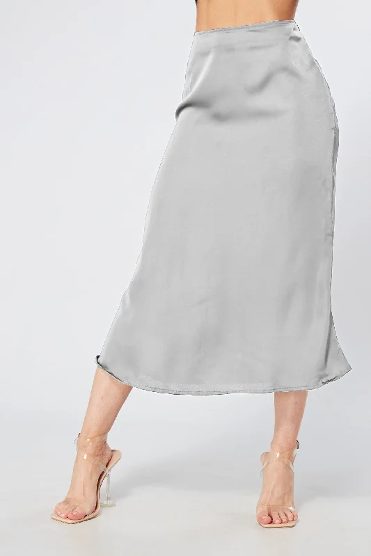 pink midi dresses for spring -Elisa Silver Satin Midi Skirt