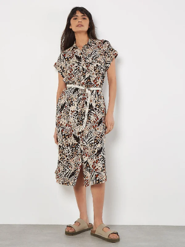 satin midi dresses for spring -Ap 832909 Mixed Animal Print Shirt Midi Dress