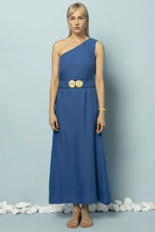 purple midi dresses for summer -Ino One Shoulder Linen Midi Dress W. Gold Buckles Greek Blue