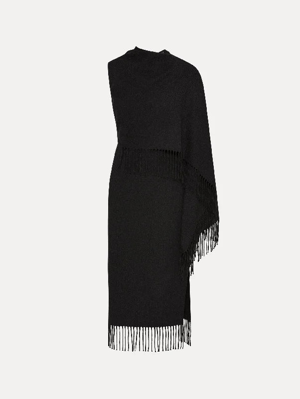 velvet midi dresses for women -Fringed Cape Midi Dress