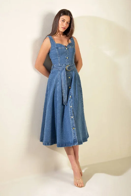 velvet midi dresses for spring -PRETTIEST BEHAVIOR DENIM MIDI DRESS