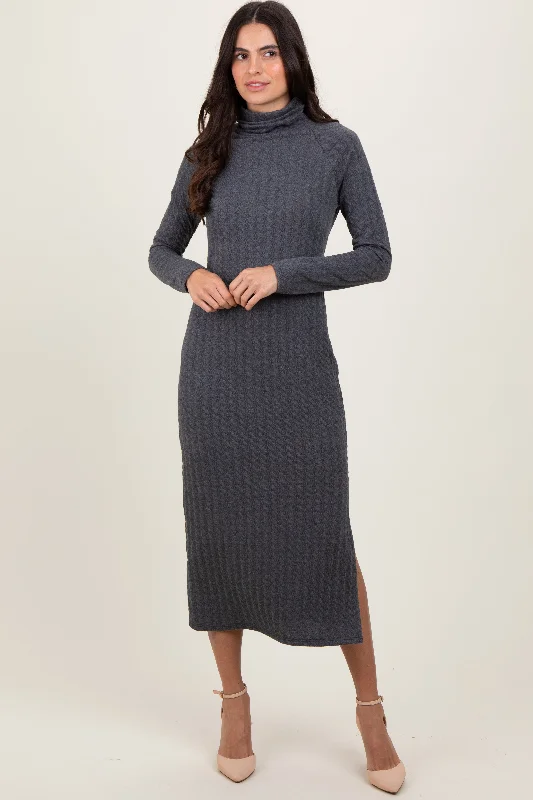 blue midi dresses for spring -Charcoal Cable Knit Turtleneck Midi Sweater Dress