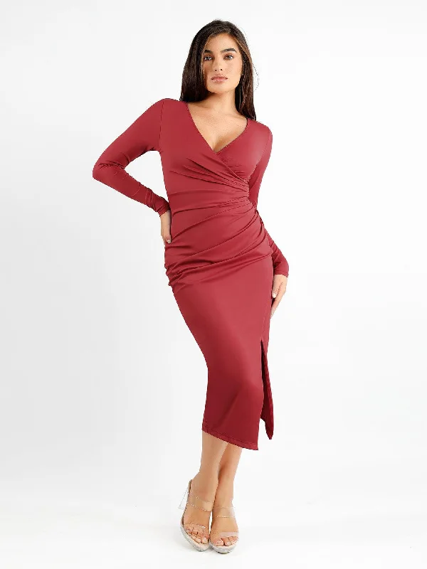 blue midi dresses for spring -Shapewear Ruched Long Sleeve Faux Wrap Slimming Midi Dress