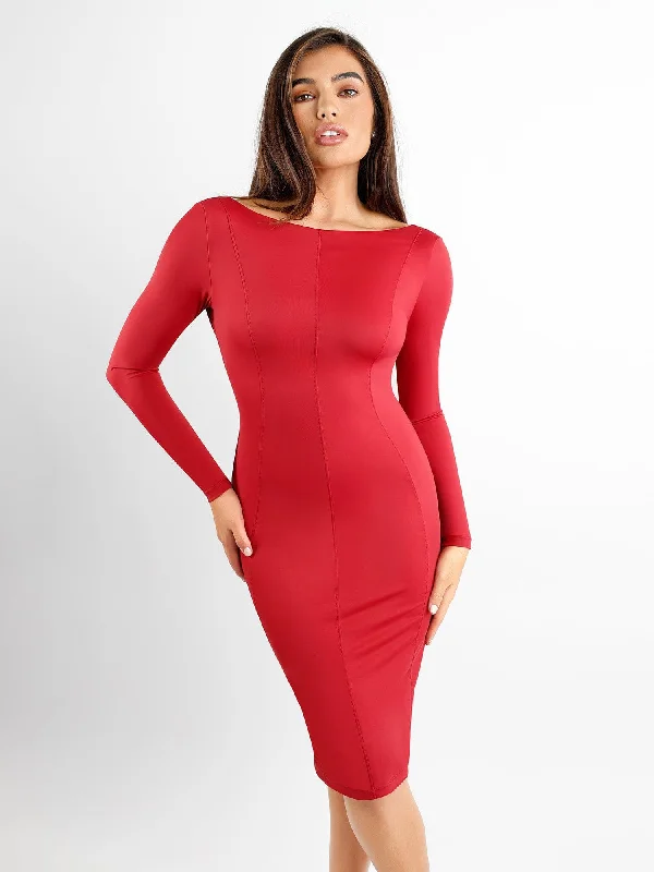 silk midi dresses for spring -Shapewear Long Sleeve Boat Neck Sculpting Midi Dress