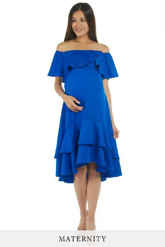 trendy midi dresses for spring -Off Shoulder Electric Blue Midi