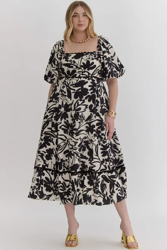 trendy midi dresses for spring -Floral Bubble Sleeves Midi Dress