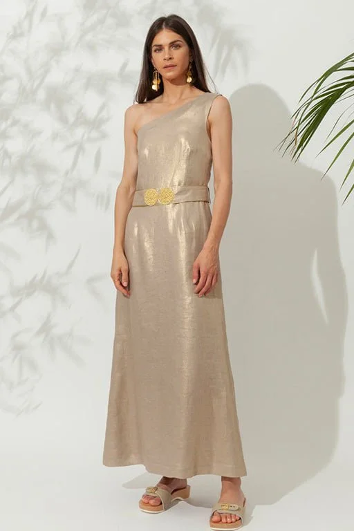 simple midi dresses for summer -Helios One Shoulder Midi Dress With Golden Buckles Gold