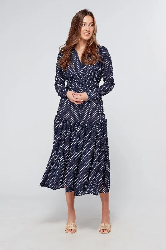 cotton midi dresses for women -Nikita Navy Dotted Midi Dress