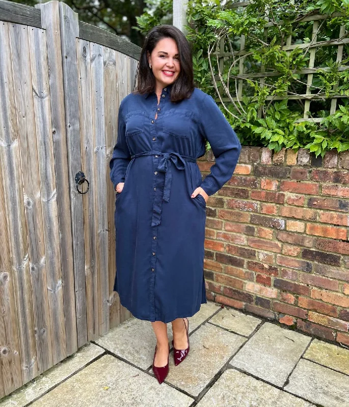 affordable midi dresses for women -Navy Tencel Belted Midi Shirt Dress