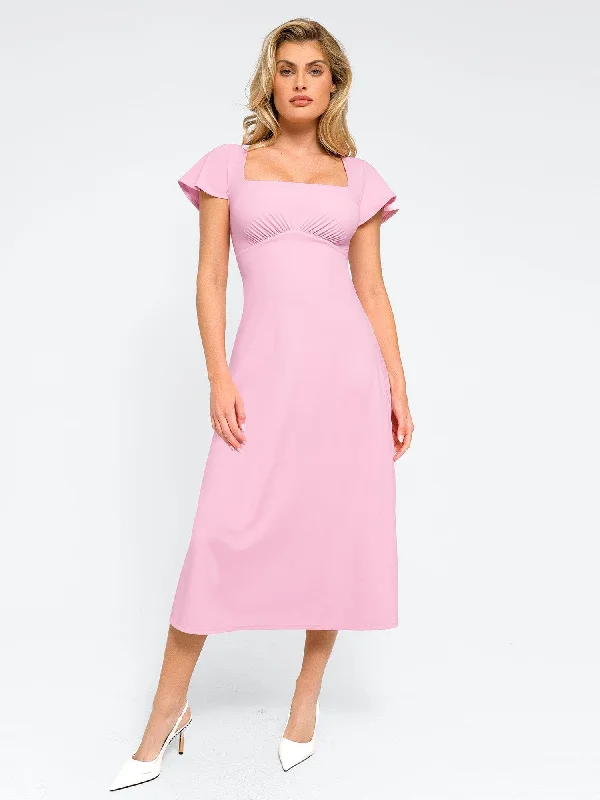 casual midi dresses for spring -Shapewear Built-In Tummy Control A-Line Midi Dresses