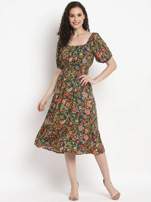 affordable midi dresses for spring -Porsorte Womens Tropical Green Printed Puff Sleeve Midi Dress