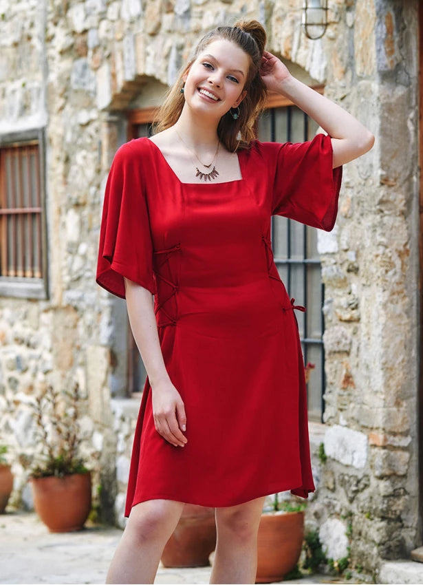 affordable midi dresses for summer -Square Neck Bohostyle Midi Dress - Red