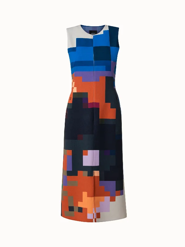 black midi dresses with ruffles -Wool Double-Face Midi Dress with Blue Flowers at Home Print