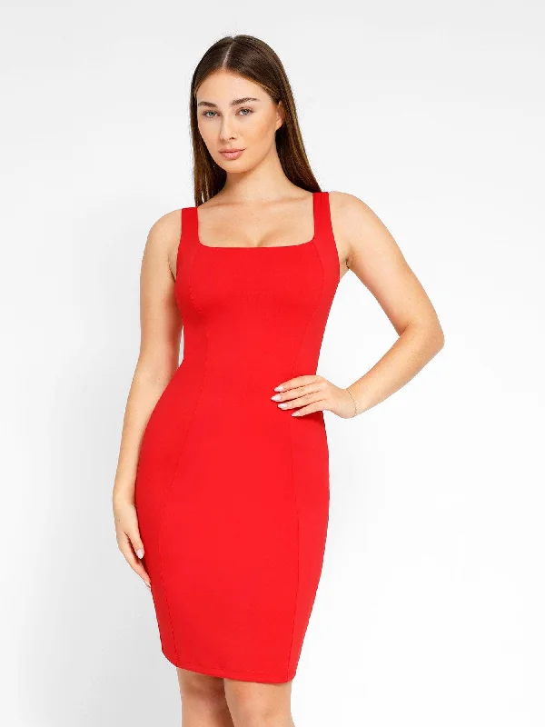 stylish midi dresses for spring -Shapewear Sleeveless Square Neck Sculpting Midi Work Dress