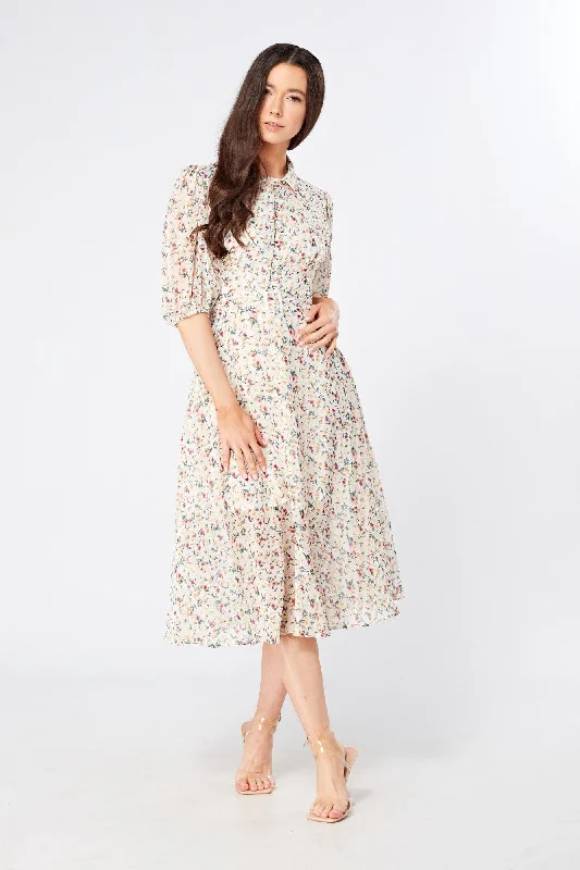 designer midi dresses for spring -Camilla Belted Off White Floral Georgette Midi Dress