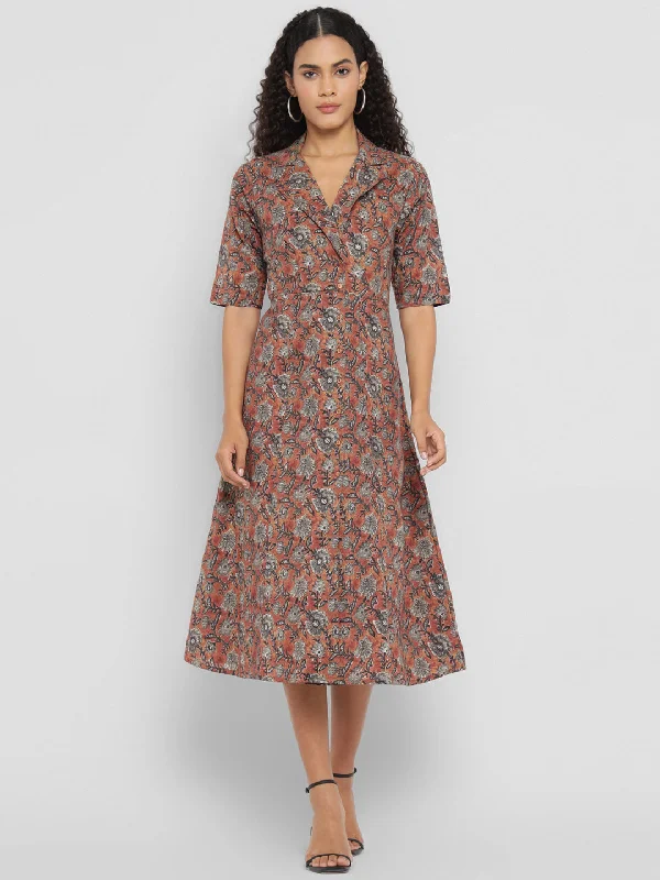 modern midi dresses for spring -Porsorte Womens  Cotton Brown Printed Shirt Midi Dress