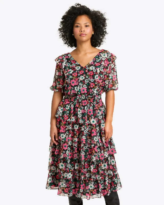 simple midi dresses for spring -Leah Tiered Ruffle Midi Dress in Amaryllis Fil Coupe