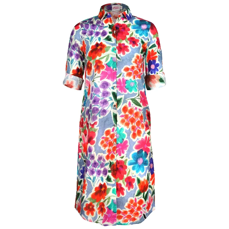 chic midi dresses for spring -Jilly Midi Blue Floral Shirt Dress