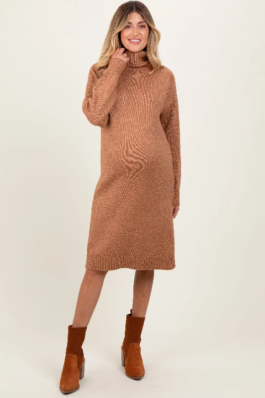 stylish midi dresses for spring -Camel Turtleneck Side Slit Maternity Midi Sweater Dress