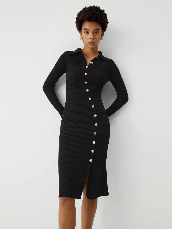 stylish midi dresses for spring -Asymmetric Button Down Long Modern Sleeve Midi Sweater Dress