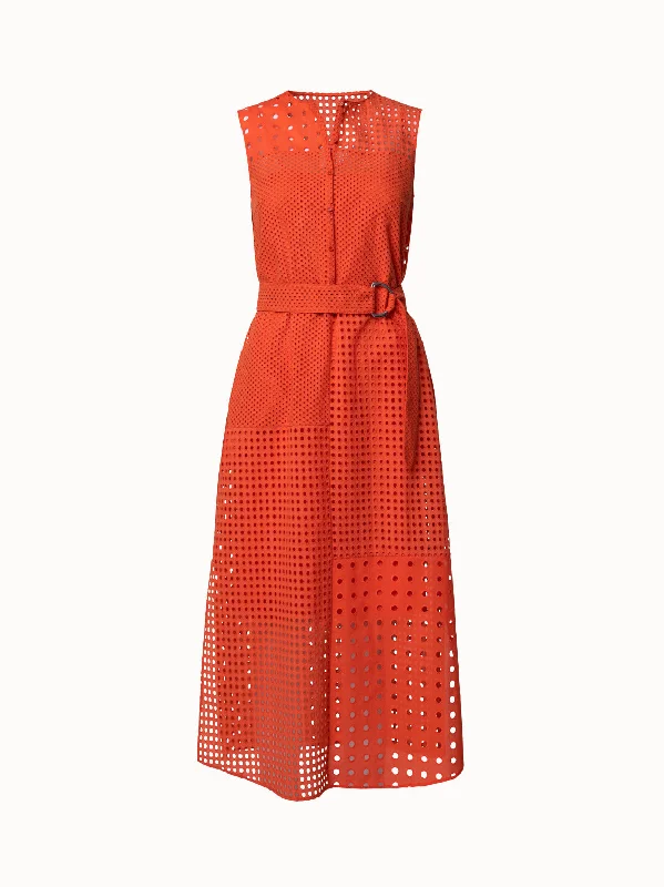 polka dot midi dresses for spring -Cotton Eyelet Embroidery Patchwork Midi Dress