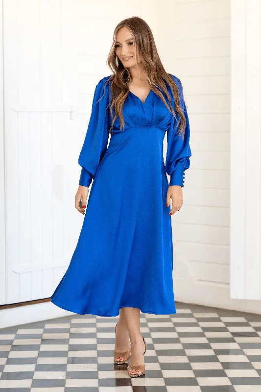 elegant midi dresses for women -Azurine Cobalt Blue Satin Midi Dress